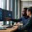 Two IT professionals collaborating in a modern office, pointing at dual monitors displaying cloud computing network diagrams and data.